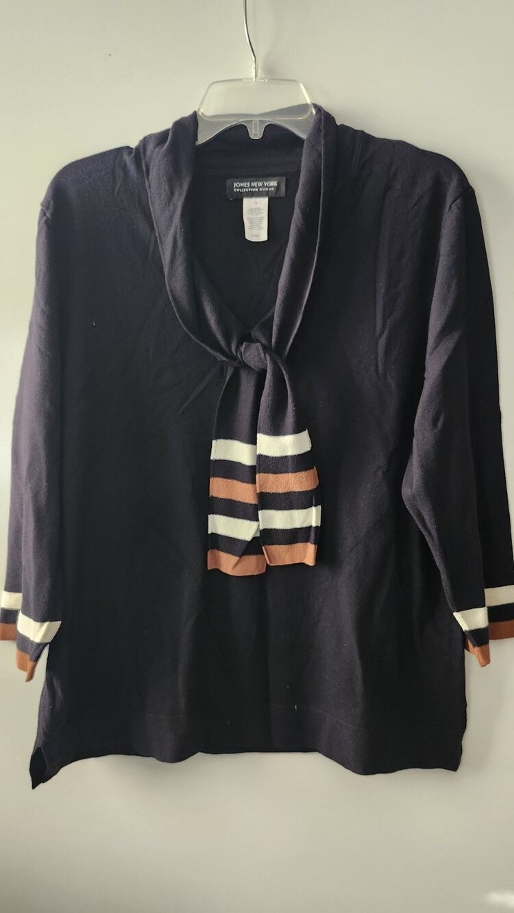 Jones New York Collection Tie Neck Bow Sweater Navy Blue Striped Womens M #296